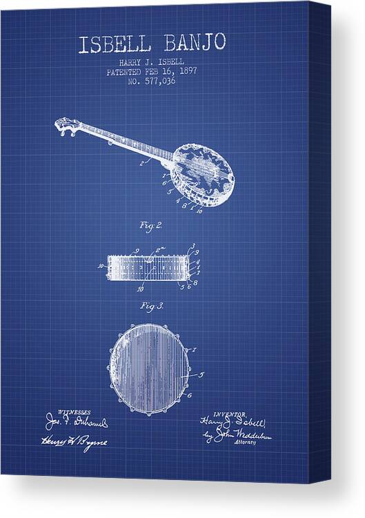 Banjo Canvas Print featuring the digital art Isbell Banjo Patent From 1897 - Blueprint by Aged Pixel