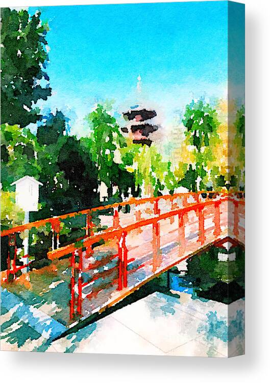 Kawasaki Daishi Canvas Print featuring the painting Kawasaki Daishi Bridge and Five-Storied Pagoda by Beverly Claire Kaiya