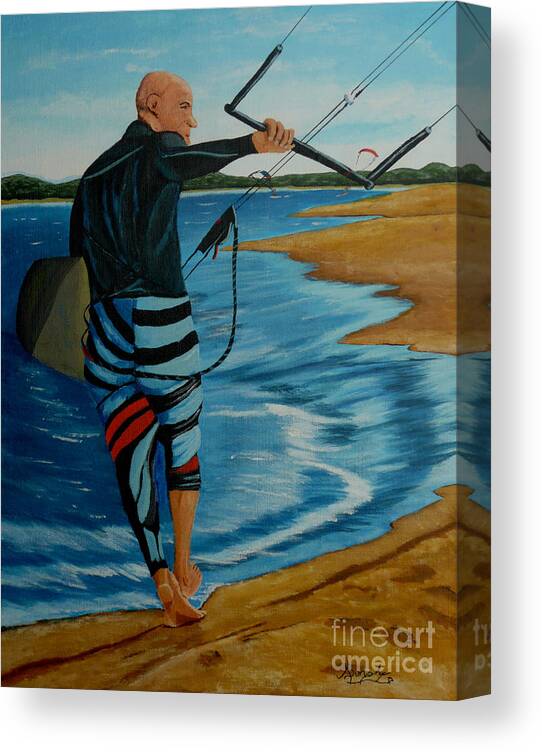 Sea Canvas Print featuring the painting Kite Surfing by Anthony Dunphy
