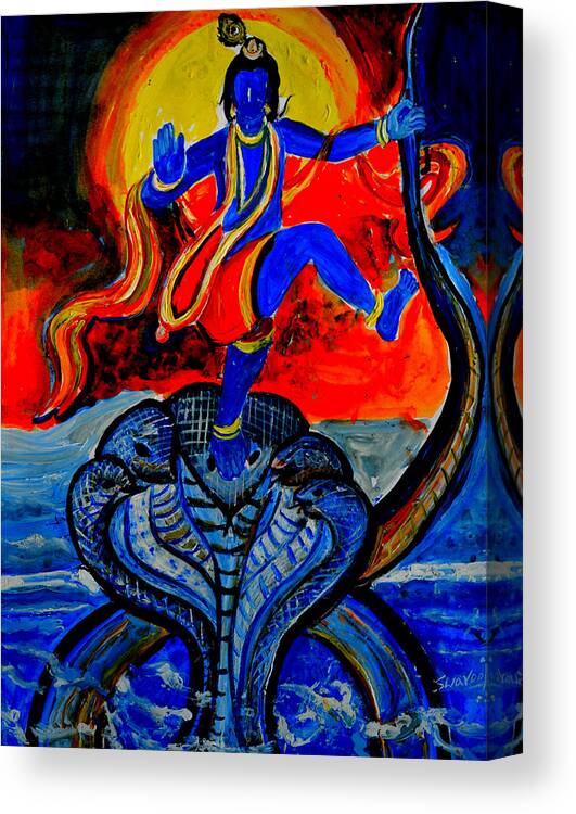 Paintings In Acrylics And Oils On ---indiani Saints Canvas Print featuring the painting Krishna on Kalindimardan by Anand Swaroop Manchiraju