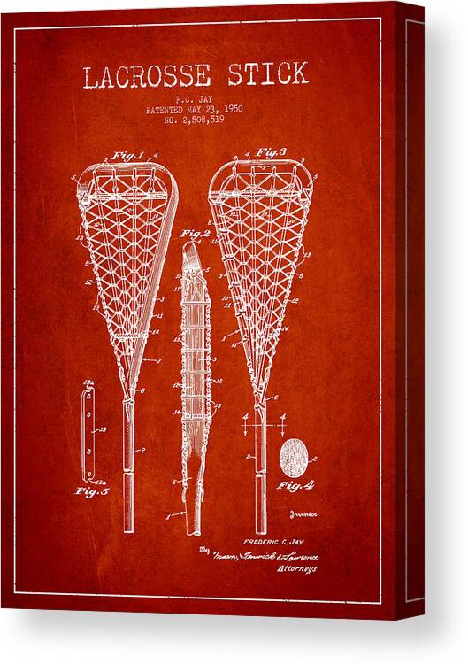 Lacrosse Canvas Print featuring the digital art Lacrosse Stick Patent from 1950- Red by Aged Pixel