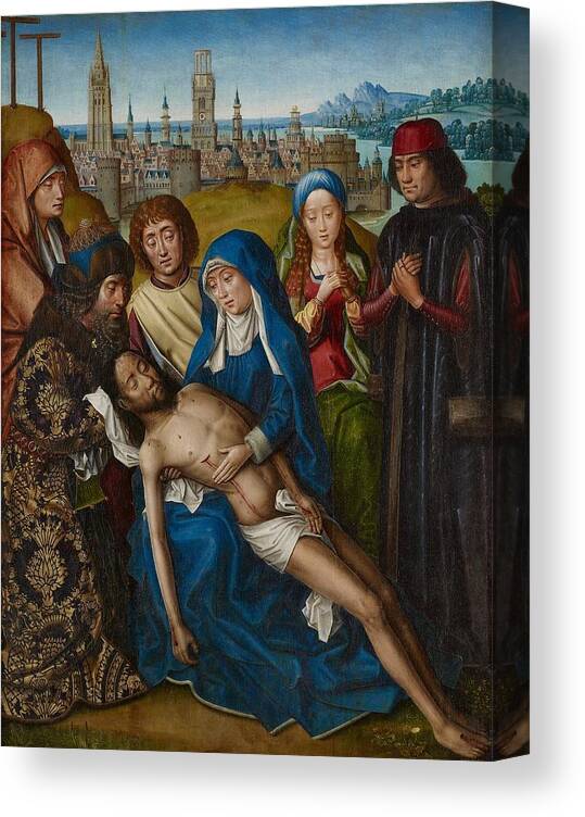 Jesus Canvas Print featuring the painting Lamentation with Saint John the Baptist and Saint Catherine of Alexandria by Master of the Legend of Saint Lucy