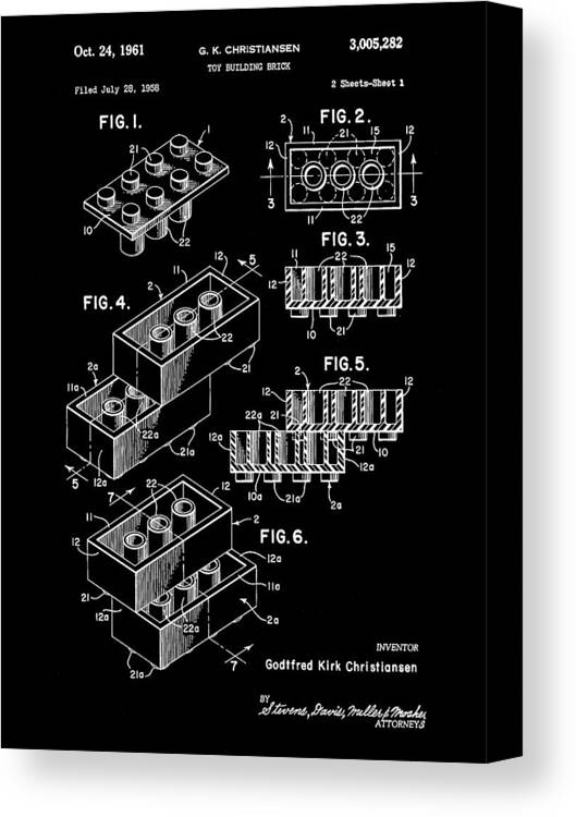 halvt økse Busk Lego Patent 1958 - Black Canvas Print / Canvas Art by Stephen Younts -  Pixels Canvas Prints