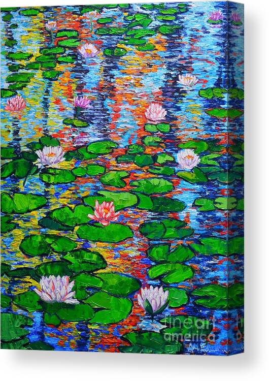 Lilies Canvas Print featuring the painting Lily Pond Colorful Reflections by Ana Maria Edulescu