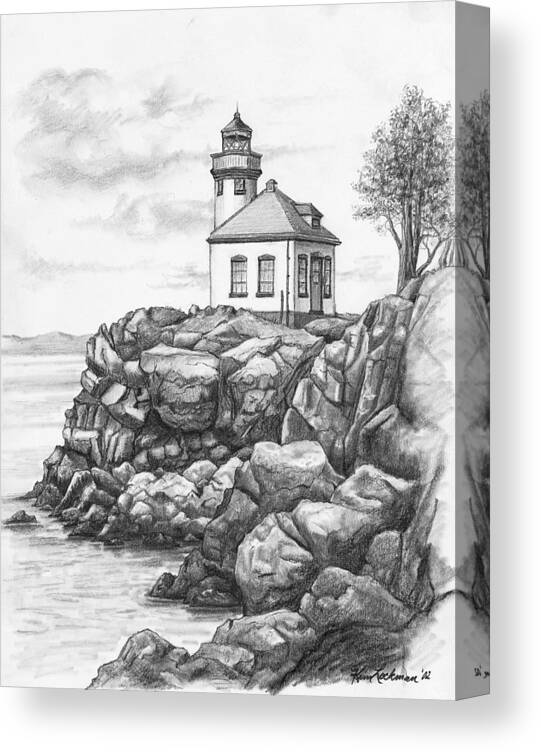 Lime Kiln Lighthouse Canvas Print featuring the drawing Lime Kiln Lighthouse by Kim Lockman