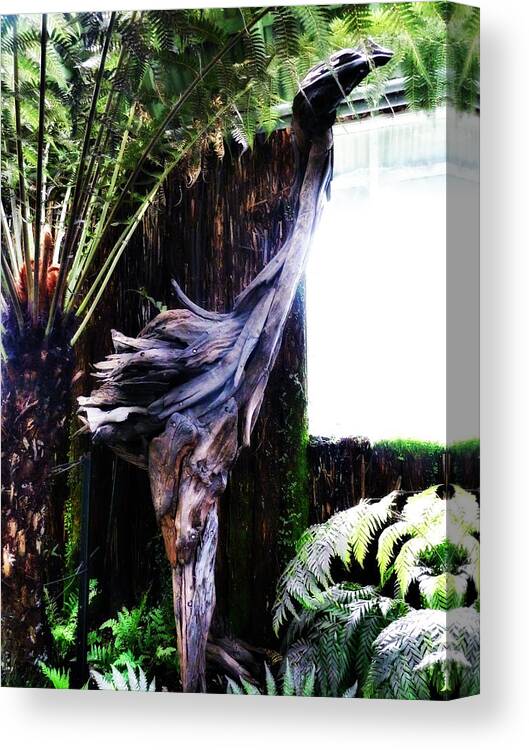 Moa; Hagley; Wood; Wooden; Sculpture; Fern; House; Tall; Park; Leaves; Canterbury; Christchurch; South Island; New Zealand; Nz; Botanical; Gardens; Window; Light; Extinct Canvas Print featuring the photograph Looking Through the Window of Extinction by Steve Taylor