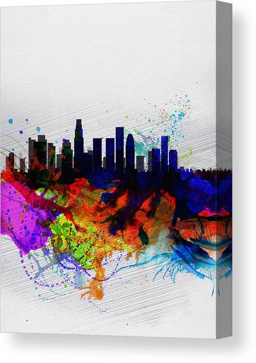 Los Angeles Canvas Print featuring the painting Los Angeles Watercolor Skyline 2 by Naxart Studio