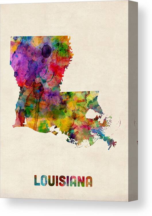 United States Map Canvas Print featuring the digital art Louisiana Watercolor Map by Michael Tompsett