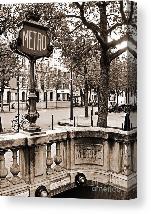 Metro Sign Canvas Print featuring the photograph Metro Franklin Roosevelt - Paris - Vintage Sign and Streets by Carlos Alkmin