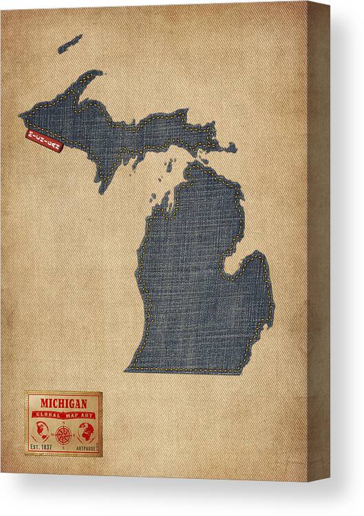 United States Map Canvas Print featuring the digital art Michigan Map Denim Jeans Style by Michael Tompsett