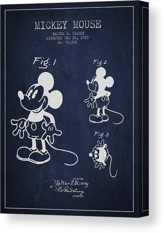 Mickey Mouse Canvas Print featuring the digital art Mickey Mouse patent Drawing from 1930 by Aged Pixel