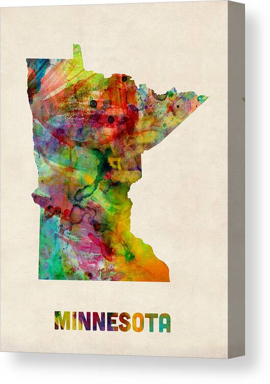United States Map Canvas Print featuring the digital art Minnesota Watercolor Map by Michael Tompsett