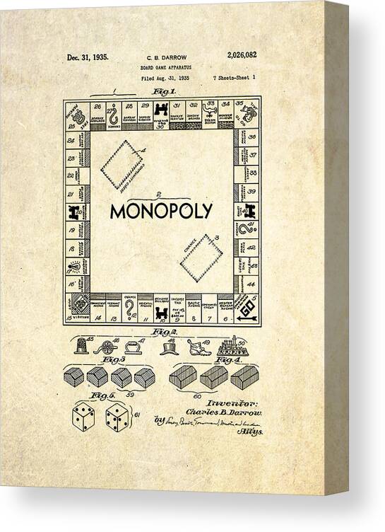 Monopoly Game Art Canvas Print featuring the digital art Monopoly Board Game Patent Art by Gary Bodnar
