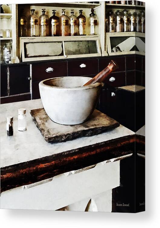 Apothecaries Canvas Print featuring the photograph Mortar and Pestle in Apothecary by Susan Savad