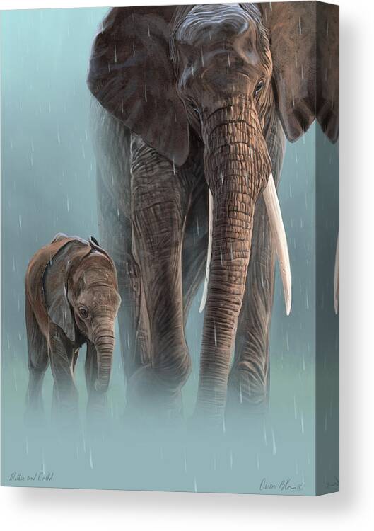 Elephant Canvas Print featuring the digital art Mother and Child by Aaron Blaise