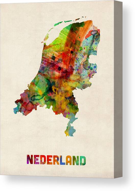 Map Art Canvas Print featuring the digital art Netherlands Watercolor Map by Michael Tompsett