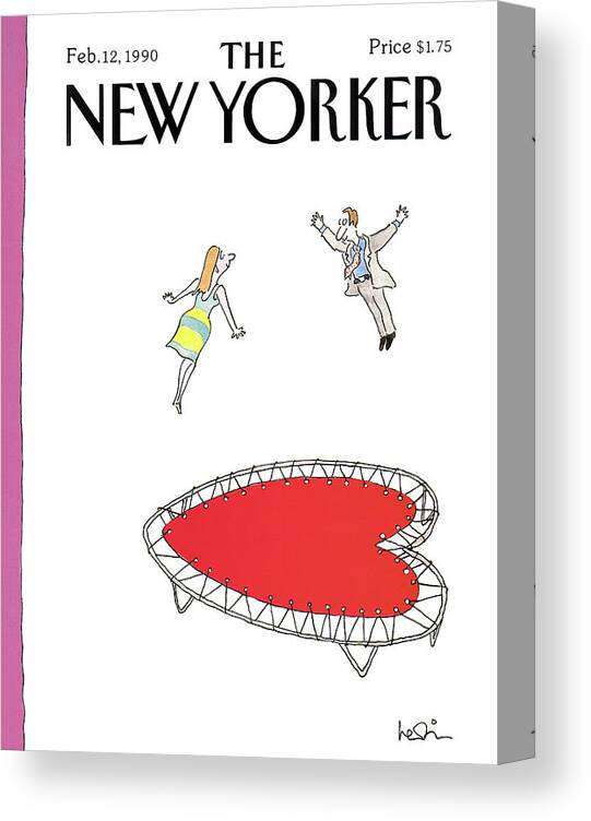 (a Man And A Woman Jump Towards Each Other On A Heart Shaped Trampoline.) Holidays Canvas Print featuring the painting New Yorker February 12th, 1990 by Arnie Levin (a Man And A Woman Jump Towards Each Other On A Heart Shaped Trampoline.) Holidays Canvas Print featuring the painting New Yorker February 12th, 1990 by Arnie Levin