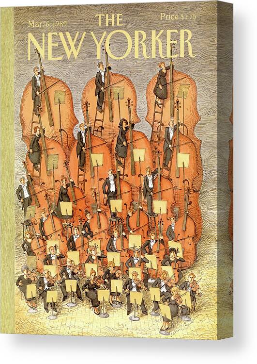(an Orchestra Plays String Instruments That Increase In Size From The Front Row To The Back.) Entertainment Canvas Print featuring the painting New Yorker March 6th, 1989 by John O'Brien