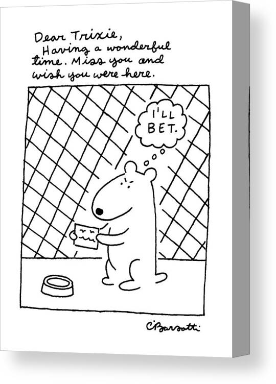 (a Dog In A Pen Is Holding A Post Card Canvas Print featuring the drawing New Yorker September 1st, 1986 by Charles Barsotti