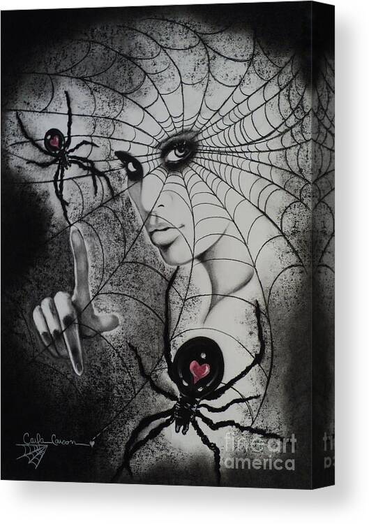 Spider Canvas Print featuring the drawing Oh What Tangled Webs We Weave by Carla Carson