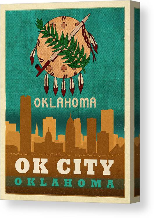 Oklahoma City Canvas Print featuring the mixed media Oklahoma City Skyline Flag of Oklahoma Art Poster Series 002 by Design Turnpike