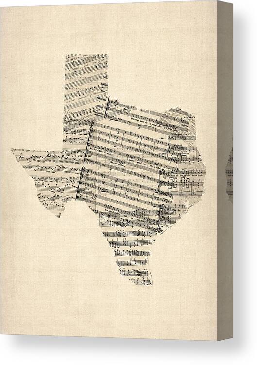 Texas Canvas Print featuring the digital art Old Sheet Music Map of Texas by Michael Tompsett