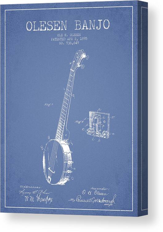 Banjo Canvas Print featuring the digital art Olesen Banjo Patent Drawing From 1895 -Light Blue by Aged Pixel