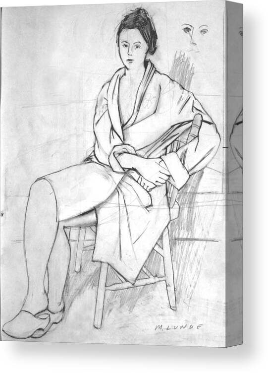 Seated Woman In Robe Canvas Print featuring the drawing On a wooden Chair by Mark Lunde