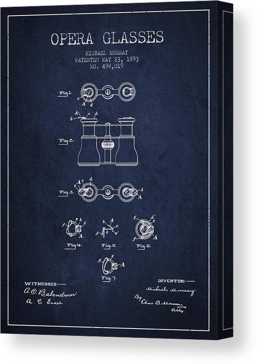 Opera Canvas Print featuring the digital art Opera Glasses patent from 1893 - Navy Blue by Aged Pixel