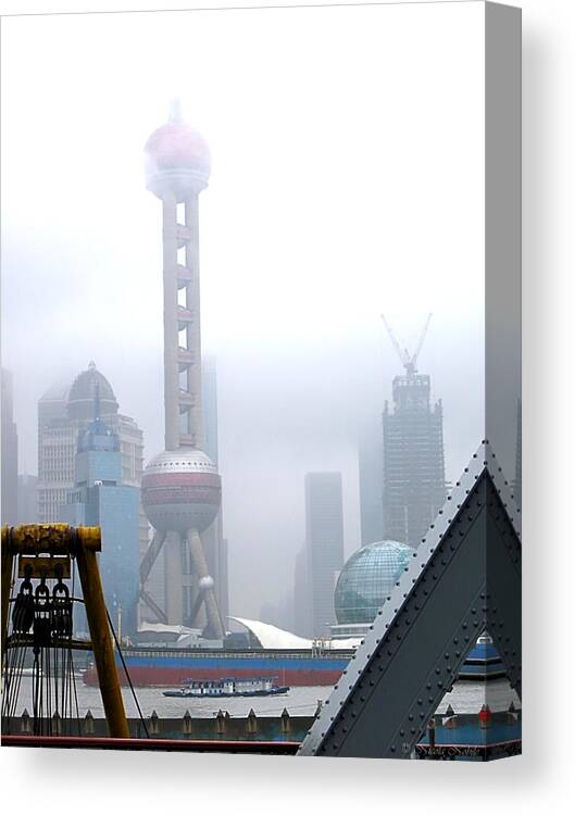 Oriental Pearl Tower Canvas Print featuring the photograph Oriental Pearl Tower Under Fog by Nicola Nobile