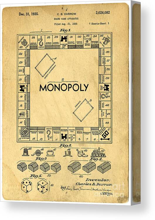 Monopoly Canvas Print featuring the digital art Original Patent for Monopoly Board Game by Edward Fielding