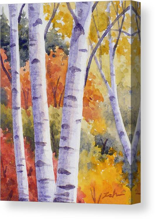 Birch Canvas Print featuring the painting Paper Birches in Autumn by Janet Zeh