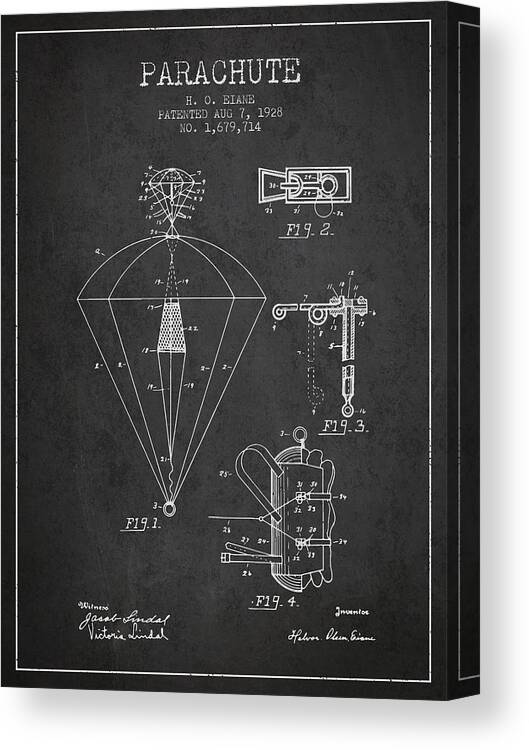 Parachute Canvas Print featuring the digital art Parachute patent from 1928 - Charcoal by Aged Pixel