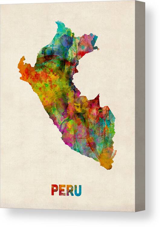 Map Art Canvas Print featuring the digital art Peru Watercolor Map by Michael Tompsett