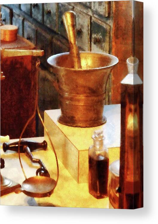 Mortar And Pestle Canvas Print featuring the photograph Pharmacist - Brass Mortar and Pestle by Susan Savad