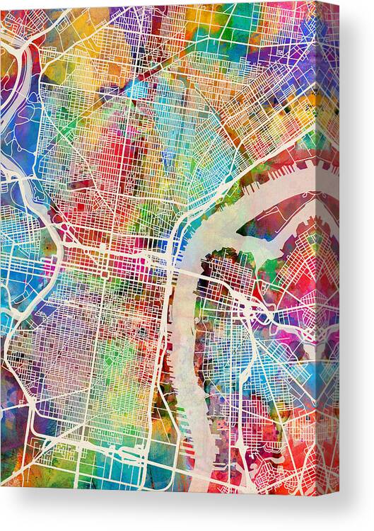 Street Map Canvas Print featuring the digital art Philadelphia Pennsylvania Street Map by Michael Tompsett