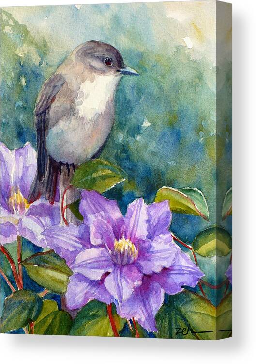Bird Print Canvas Print featuring the painting Phoebe and Clematis by Janet Zeh