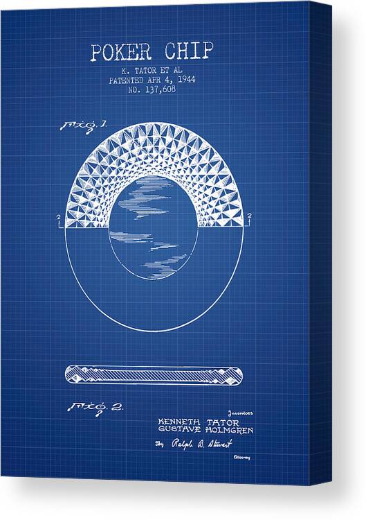 Poker Canvas Print featuring the digital art Poker Chip Patent from 1944 - Blueprint by Aged Pixel