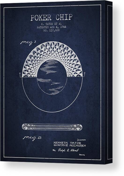 Poker Canvas Print featuring the digital art Poker Chip Patent from 1944 - Navy Blue by Aged Pixel