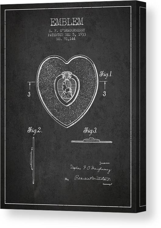 Purple Heart Canvas Print featuring the digital art Purple Heart Patent from 1933 - Charcoal by Aged Pixel