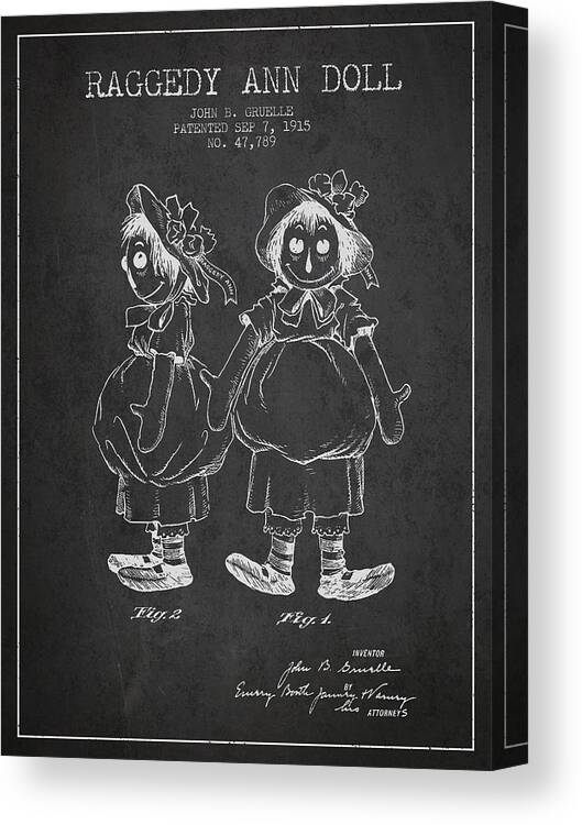Raggedy Ann Canvas Print featuring the digital art Raggedy Ann Doll patent from 1915 - Charcoal by Aged Pixel