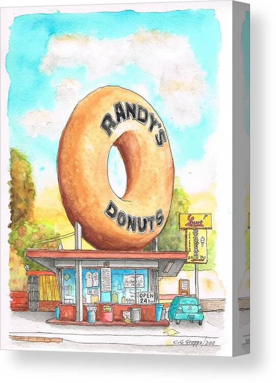 Randys Donuts Canvas Print featuring the painting Randy's Donuts in Los Angeles - California by Carlos G Groppa