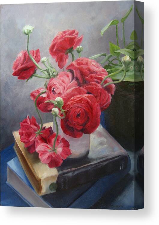 Flowers Canvas Print featuring the painting Ranunculus on Books by Connie Schaertl