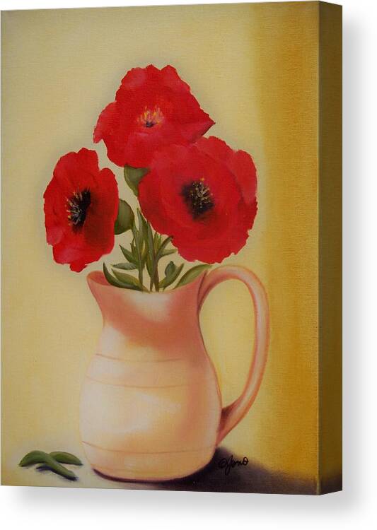 Flowers Canvas Print featuring the painting Red Flowers in Clay Pot by Joni McPherson