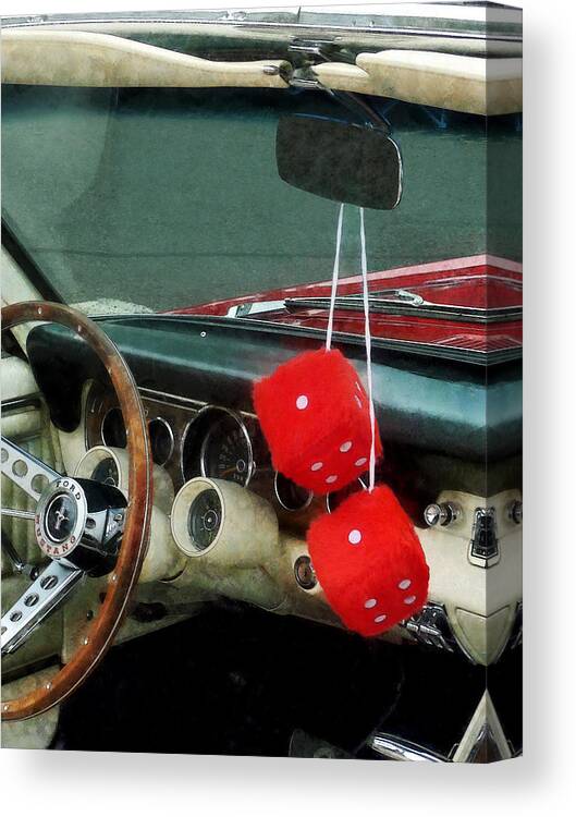 Car Canvas Print featuring the photograph Red Fuzzy Dice in Converible by Susan Savad