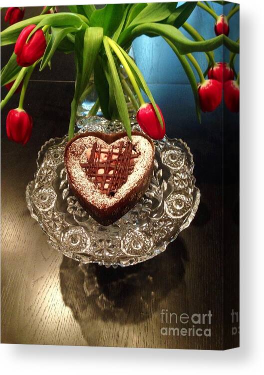  Red Tulip And Chocolate Heart Canvas Print featuring the photograph Red Tulip And Chocolate Heart Dessert by Susan Garren