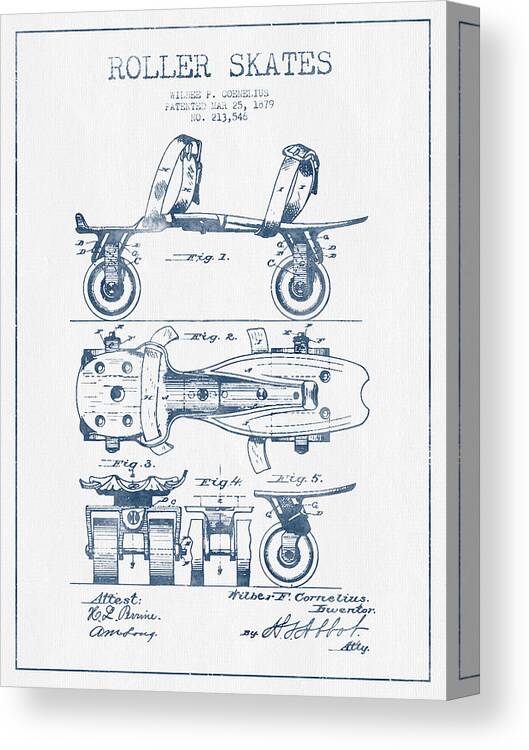 Roller Skates Canvas Print featuring the digital art Roller Skate Patent Drawing from 1879 - Blue Ink by Aged Pixel