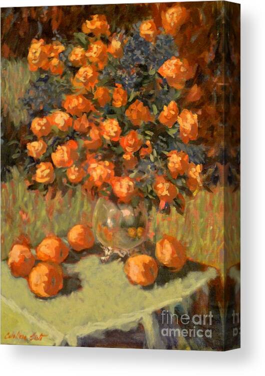 Flowers Canvas Print featuring the painting Roses and peaches by Monica Elena