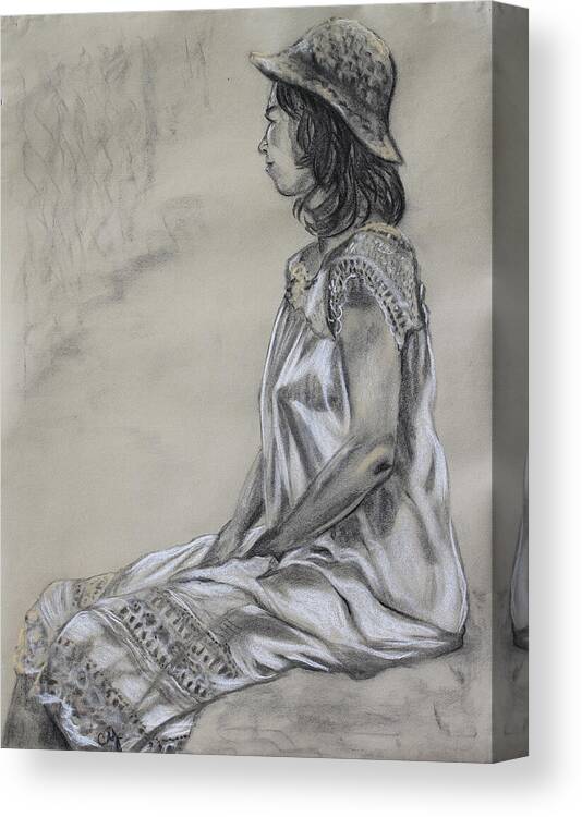 Figure Drawing Canvas Print featuring the drawing Seated Woman in a White Dress and Straw Hat by Asha Carolyn Young