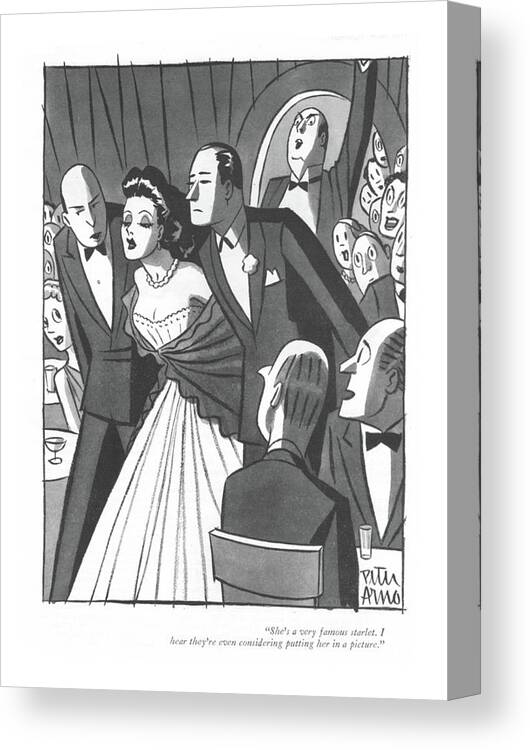 112966 Par Peter Arno Men Talking About A Pretty Girl.
 About Actor Actors Actress Actresses Attraction Attractive Chase Cinema Cinemas Entertainer Entertainers Entertainment Entertains ?lm ?lms ?irt ?irting Girl Hit Hitting Men Motion Movie Movies Pictures Pretty Sex Sexual Sexy Talking Theater Theaters Theatre Theatres Canvas Print featuring the drawing She's A Very Famous Starlet. I Hear They're Even by Peter Arno